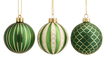 Three vibrant green and gold Christmas holiday ornaments are isolated, hanging against a clear background, showcasing elegant festive patterns.