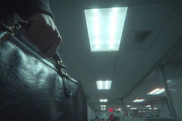 Close-up of a hand firmly clutching a leather briefcase handle in a professional setting, .