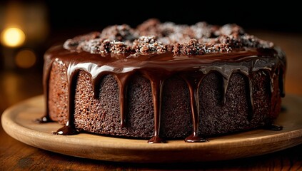 Rich chocolate cake with glossy ganache and crumb topping