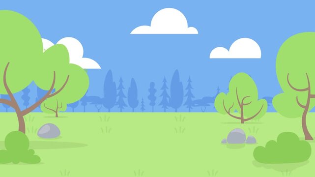 Flat cartoon landscape with trees bushes and clouds