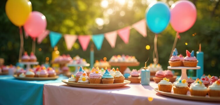 Festive outdoor birthday party scene with colorful balloons cupcakes and decorations. Happy celebration in the backyard with treats. Joyful moments of childhood fun. - Powered by Adobe