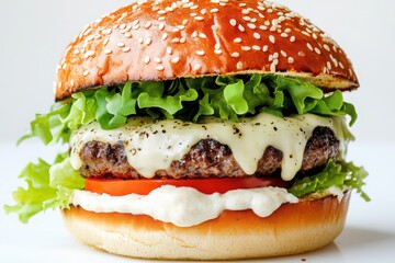 Close-up shot of a juicy beef burger on a plain background