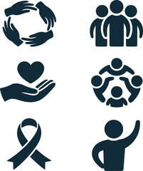 Community Support Icons Set – Care, Charity, Teamwork and Awareness Symbols