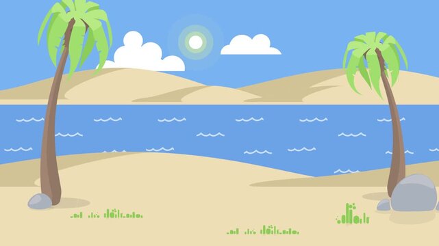 Flat design sandy beach with ocean and palm trees Keywords: beach, sandy, ocean, flat design