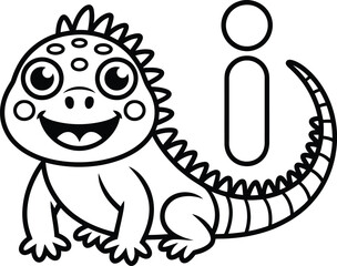 Cute Iguana Coloring Page with Letter I – Cartoon Reptile Alphabet Illustration