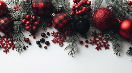 copy space, christmas decorations, red and black plaid ornaments with holly berries, pine branches, snowflakes, and a cluster on a white background. Christmas card, red and black christmas baubles.