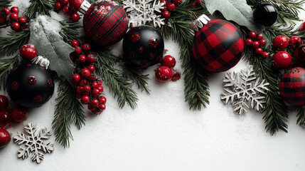 copy space, christmas decorations, red and black plaid ornaments with holly berries, pine branches, snowflakes, and a cluster on a white background. Christmas card, red and black christmas baubles.