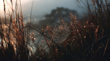 Delicate Spider Web Glimmering with Dew Drops in Early Morning Light Surrounded by Soft Grass and Misty Background Landscape