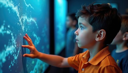 Young boy interacts with glowing blue ocean simulation screen. Child learns about marine life, exploring digital display in modern museum show. Future generation uses tech for education and discovery.