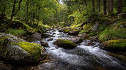 Serene flowing river surrounded by lush greenery, mossy rocks, and tranquil forest backdrop, capturing nature's beauty and peaceful environment