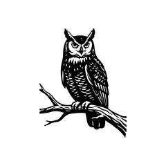 Obraz premium A highly detailed black and white vector illustration of a majestic owl perched on a branch, staring intensely forward. The design emphasizes its wisdom, nocturnal nature, and sharp features.