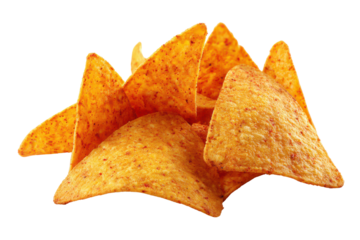 Pile of golden corn tortilla chips with red seasoning scattered on black nacho snack, Isolated On Transparent Background, Png Cut Out