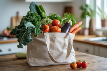Grocery bag full of fresh organic vegetables on kitchen wooden counter