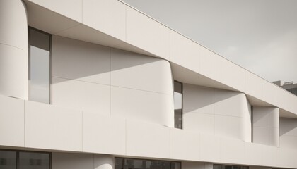 A modern architectural facade with soft warm white panels forming curved minimal surfaces under pale neutral light creating a serene refined structure with calm airy tone