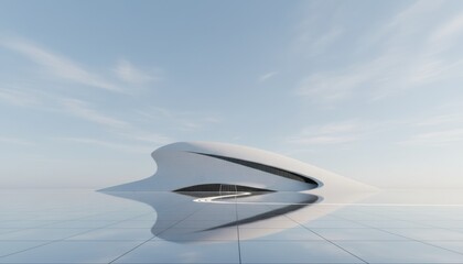 A futuristic minimal structure in soft pale light reflecting on a tranquil surface with warm white tone and serene airy atmosphere creating an elegant refined conceptual scene