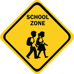Bright Yellow Diamond School Zone Sign with Black Border, Walking Children Silhouette, and Safety Text,children crossing road sign