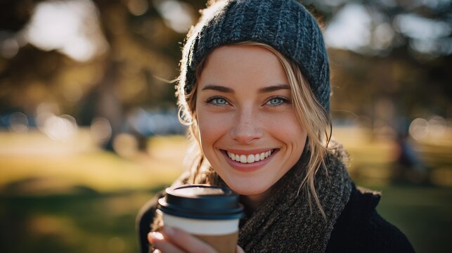 A cheerful woman enjoys a tranquil moment outdoors, sipping a warm beverage, radiating contentment and vitality amidst a soft, sunlit ambiance.