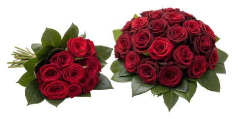Two lovely red rose bouquets with fresh green leaves are elegantly displayed, isolated on a transparent background, perfect for graphic design.