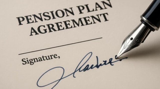 sustainable retirement plan concept. Pension plan agreement with fountain pen signature.