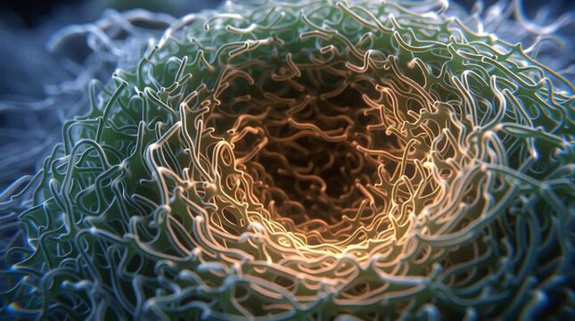 Detailed microscopic 3D render of a cell in prophase, with the nuclear envelope dissolving and DNA condensing into visible, tangled chromosomes as the mitotic process begins.
