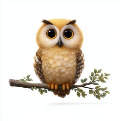 Fototapeta premium Charming cartoon owl perched on a branch nature illustration whimsical environment front view cute concept