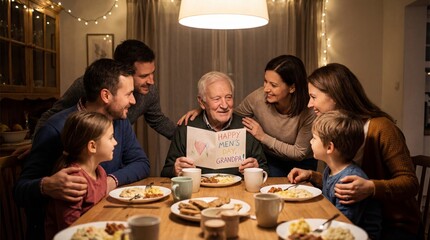 Family gathering celebrating elder's birthday with cake and laughter