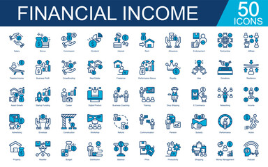 Financial Income Icon Set Collection. Covers Salary, Bonus, Commission, Dividend, Interest, Rent, Allowance, Passive Income, Business Profit. Simple Vector Blue Illustration