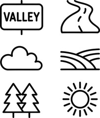 Landscape Line Icons Set – Valley, Road, Cloud, Fields, Trees and Sun Symbols