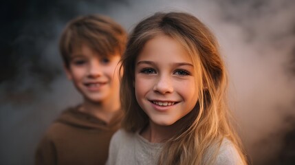 Fototapeta premium Two smiling children a girl and a boy in a mystical foggy atmosphere at dusk
