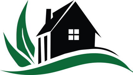 Modern black house silhouette with green leafy design