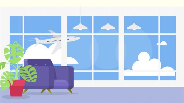 Purple Armchair by Large Window with Airplane View