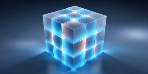 Battery backup charging concept. A glowing, transparent cube with illuminated edges, symbolizing innovation and technology against a dark background.