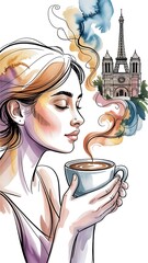 Minimal Line-Art Woman with Paris Landscape Emerging from Coffee Steam