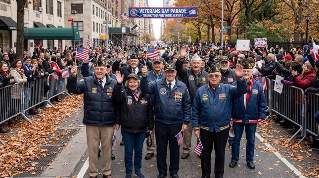 Veterans waving during a parade in autumn with cheering crowd