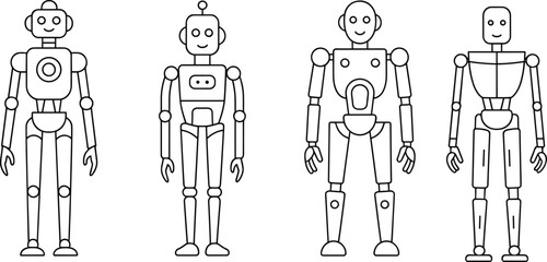 Flat vector illustration of cartoon robots, black and white outline, cute mechanical characters, friendly expressions, futuristic design, technology concept set