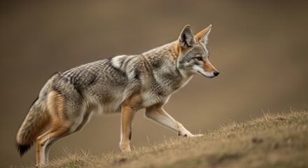 Fototapeta premium Coyote Walking on Grassy Incline in Nature. Vigilant Coyote in Natural Surroundings. Coyote with Mottled Coat in Wild.