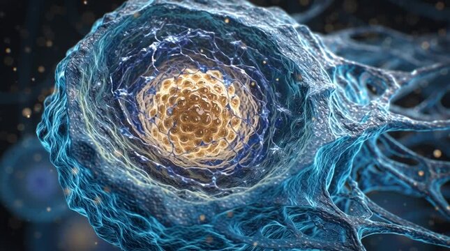 Detailed microscopic 3D render of a cell in prophase, with the nuclear envelope dissolving and DNA condensing into visible, tangled chromosomes as the mitotic process begins.
