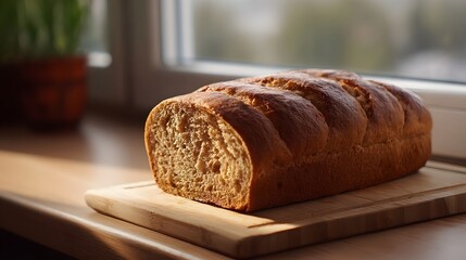 A freshly baked loaf of whole wheat bread sliced and presented on a wooden cutting board in warm morning sunlight by a window
