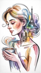 Minimal Line-Art Woman with Paris Landscape Emerging from Coffee Steam