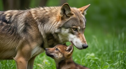 Fototapeta premium Protective Adult Wolf Standing Over Pup. Wolf Family Bond in Grassy Meadow. Adult and Pup with Piercing Yellow Eyes.