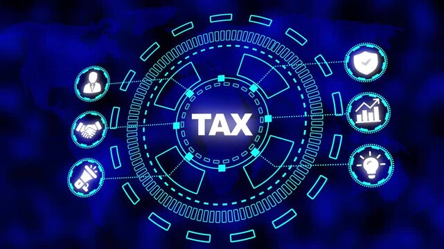 Global Taxation System Network with Icons representing Finance and Government on a Digital World Map Background