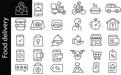 Fototapeta premium Food delivery and restaurant service line icon set including courier, orders, payment, reviews, discounts, tracking and takeaway