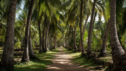 Obraz premium Lush Tropical Pathway Surrounded by Tall Palm Trees and Sunlit Green Foliage in a Serene Natural Landscape