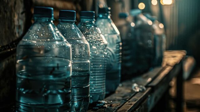Row of water bottles stacked on wooden shelf, great for office or kitchen use