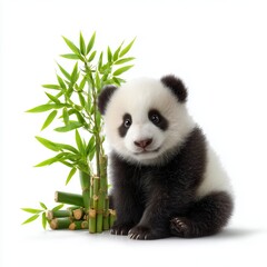 Fototapeta premium Adorable baby panda eating bamboo wildlife sanctuary animal photography bright white background close-up nature conservation