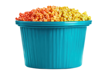 Teal bucket filled with orange and yellow popcorn against black background snack food, Isolated On Transparent Background, Png Cut Out