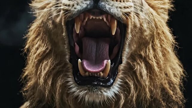 Close up of a powerful lion roaring with mouth open showing sharp teeth and fangs in a dark studio background with dramatic lighting highlighting its mane