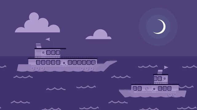 Two Ships Sailing on the Ocean at Night boats water