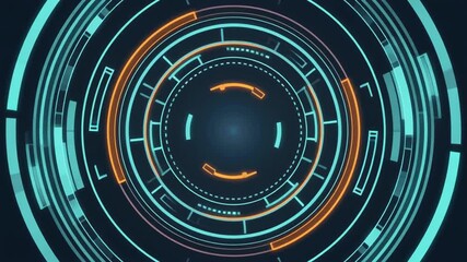 A vibrant, glowing futuristic HUD display with concentric rings and abstract data elements, illustrating advanced technology and digital information processing on a dark background. - Powered by Adobe