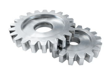 Two interlocking metallic gears on a black background silver, Isolated On Transparent Background, Png Cut Out
